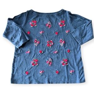 KAREN SCOTT Blue Floral Cotton 3/4 Length Sleeve Top Size 1X